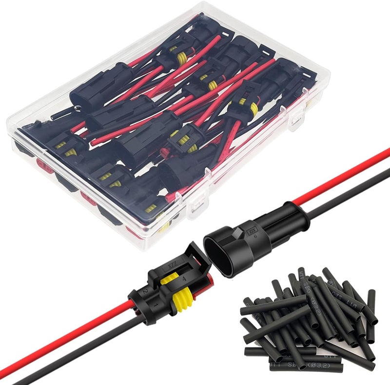 Twippo 10 Kit 16 AWG 2 Pin Connector Car Waterproof Wire Connectors 2 Pin Automotive Electrical Connectors Quick Disconnect 2 Way Wire Terminal Connector Plug and Heat Shrink Tubing Kit - Image 1